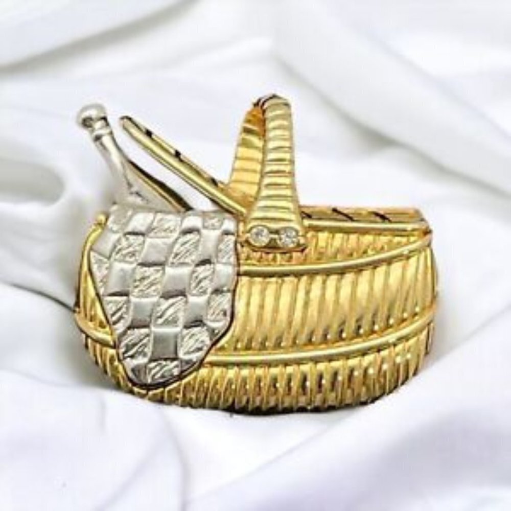 Vtg LC Liz Claiborne Picnic Basket Brooch Pin Rhinestones Goldtone Silvertone